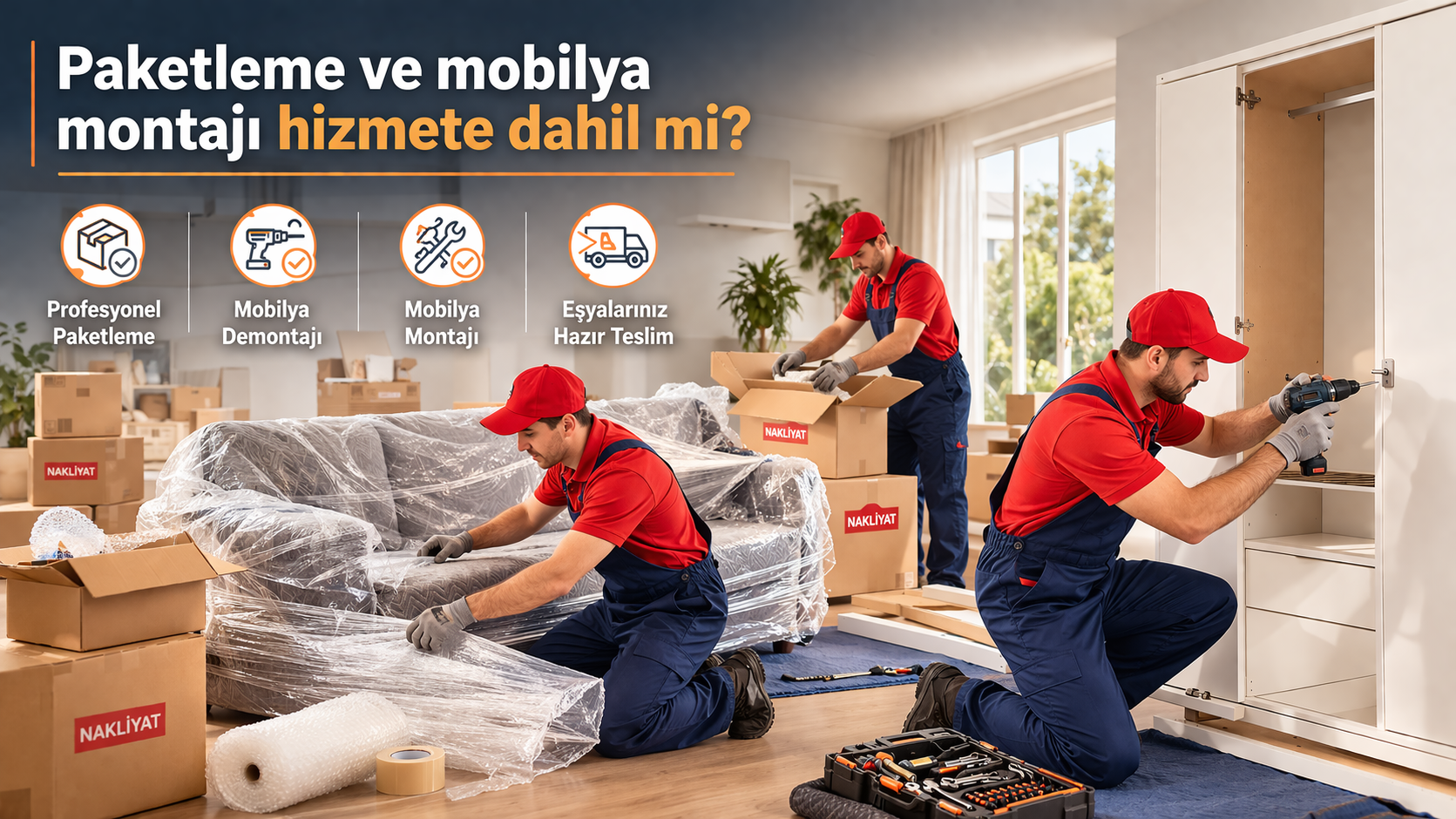 Evden eve nakliyat hizmetinde paketleme ve mobilya montajı yapan profesyonel nakliyat ekibi