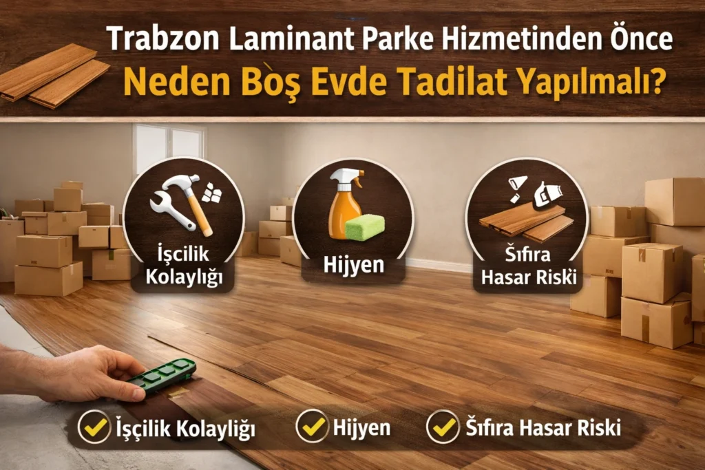 Trabzon laminant parke hizmeti öncesinde boş evde tadilat yapılmasının işçilik kolaylığı hijyen ve sıfıra hasar riski avantajlarını anlatan görsel