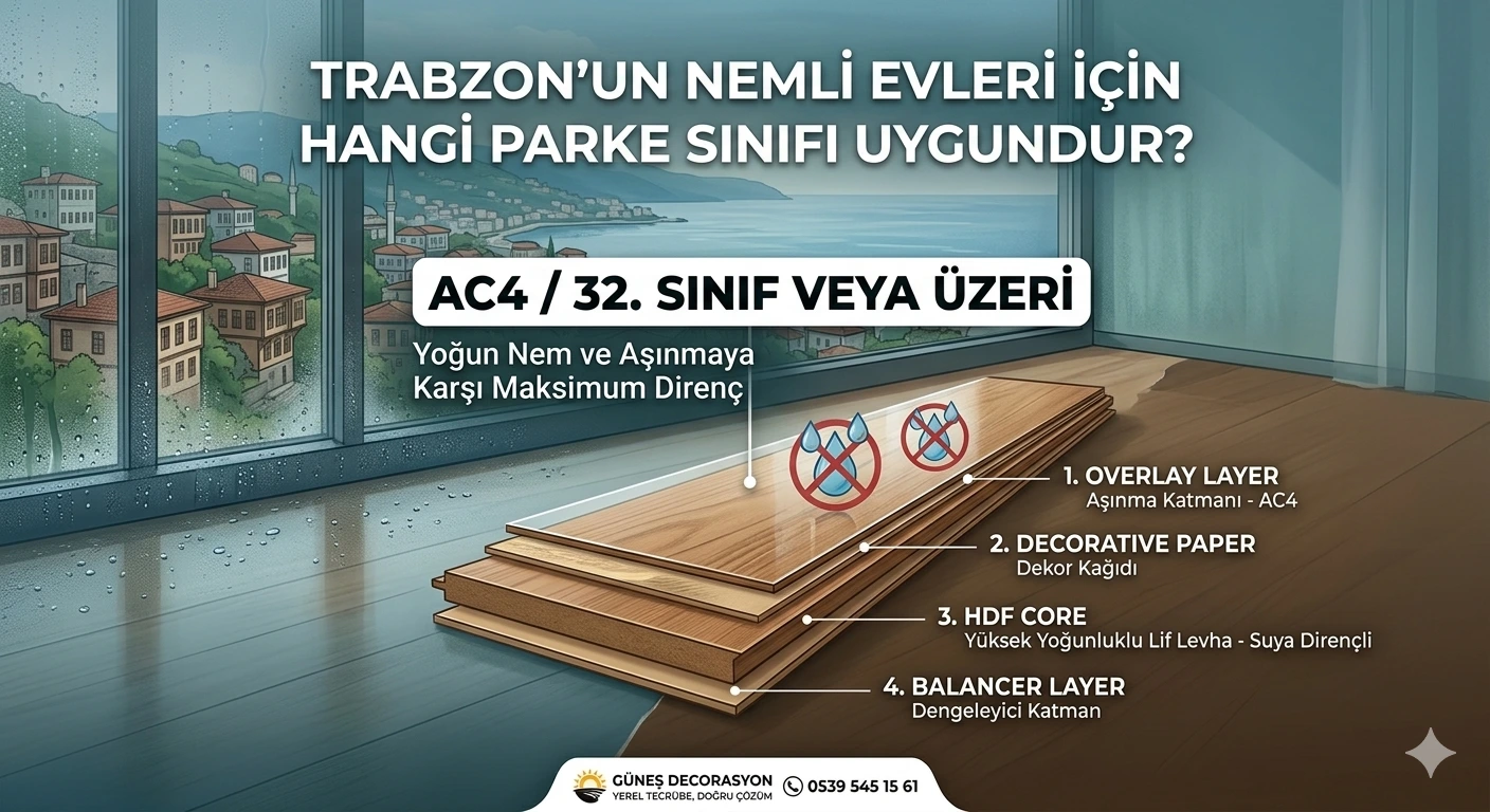 Trabzon Laminant Parke Trabzon nemli evler için uygun AC4 32 sınıf laminant parke katmanları ve teknik özellikleri